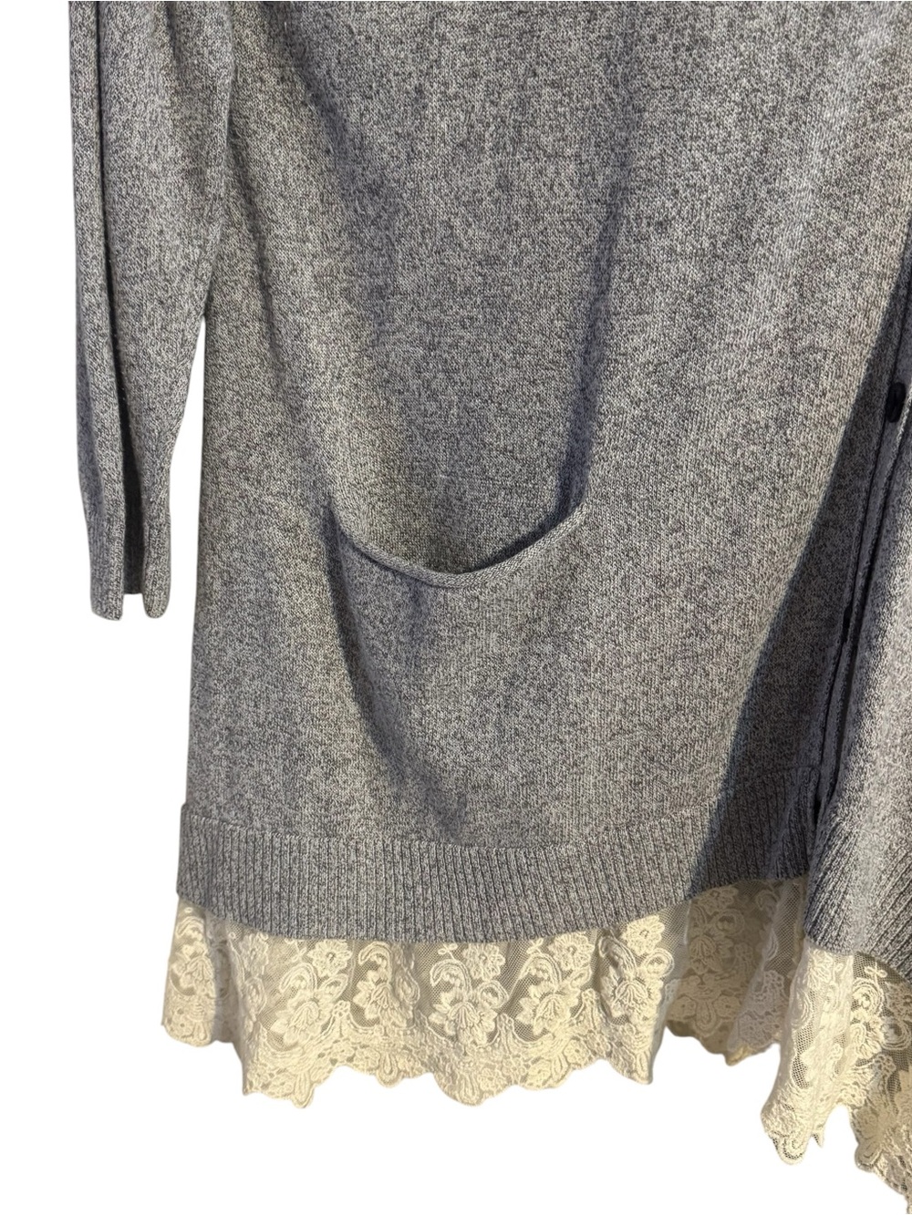 LOGO  Gray Button Front Cardigan with Cream Lace Trim Linen Blend - Picture 5 of 12